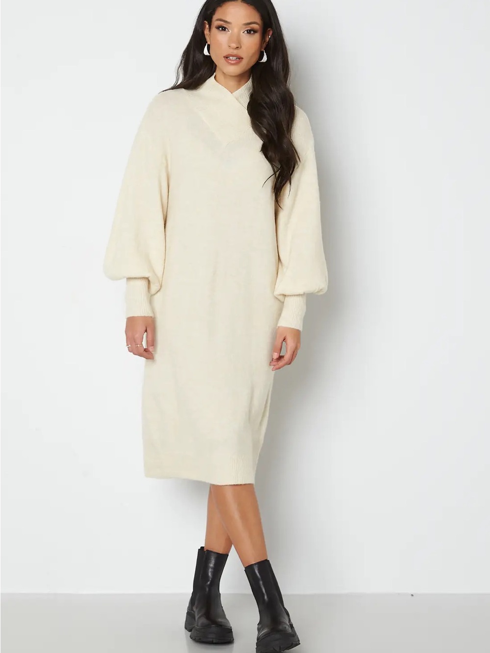 Vero Moda Cream Knit Sweater Dress with Balloon Sleeves